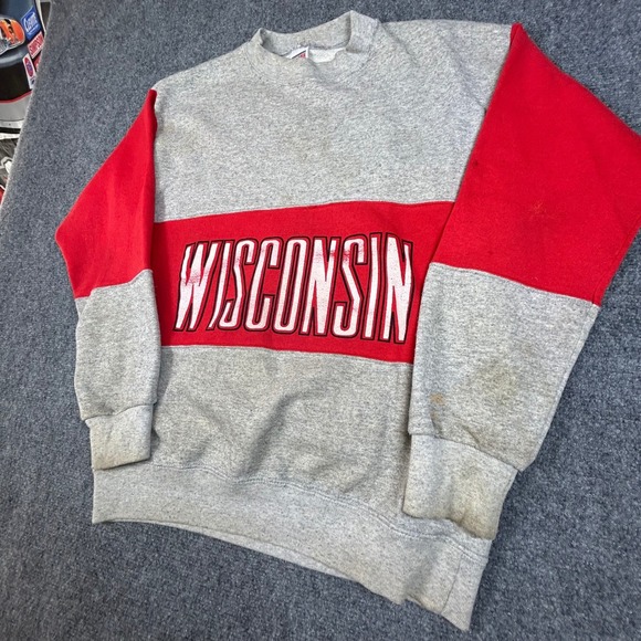 Vintage Soffe Sweats Wisconsin Crewneck Sweatshirt Grey Red Colorblock Large - Picture 2 of 6